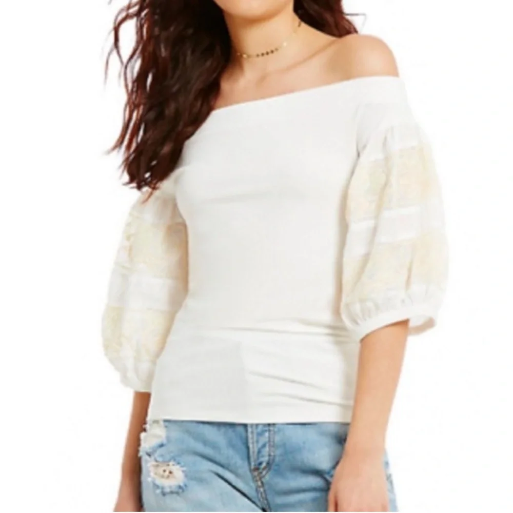 Free People Cream Blouse with Lace Puff Sleeves